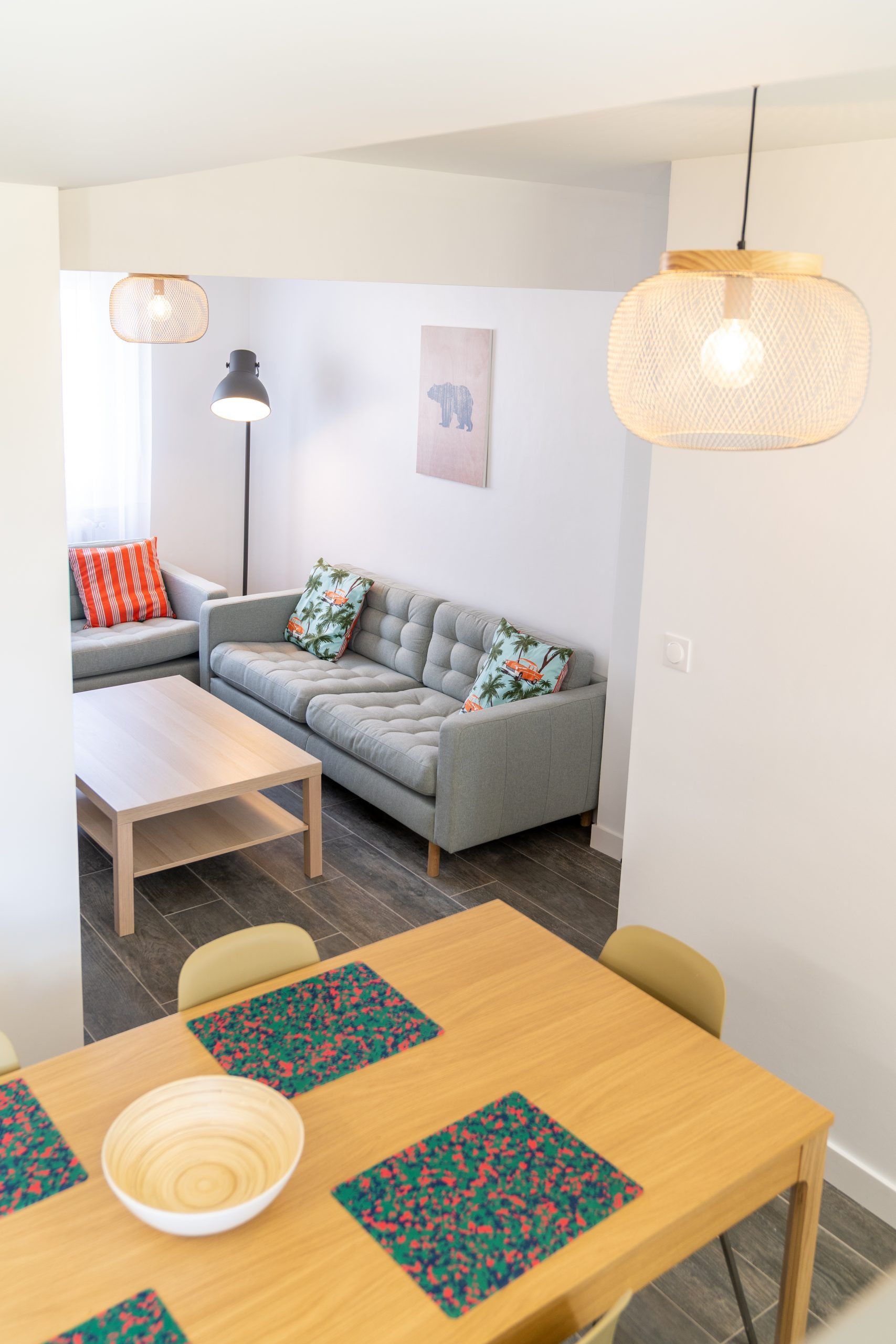 Salon avec canapé gris