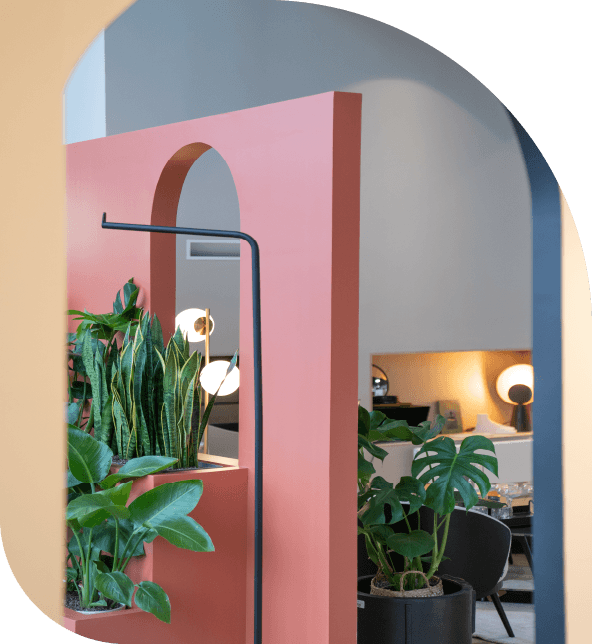 Porte en forme d'arche donnant un salon avec beaucoup de plantes vertes