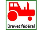 Icône de tracteur rouge à l'intérieur d'une boîte verte ; le texte ci-dessous indique « Brevet fédéral ».