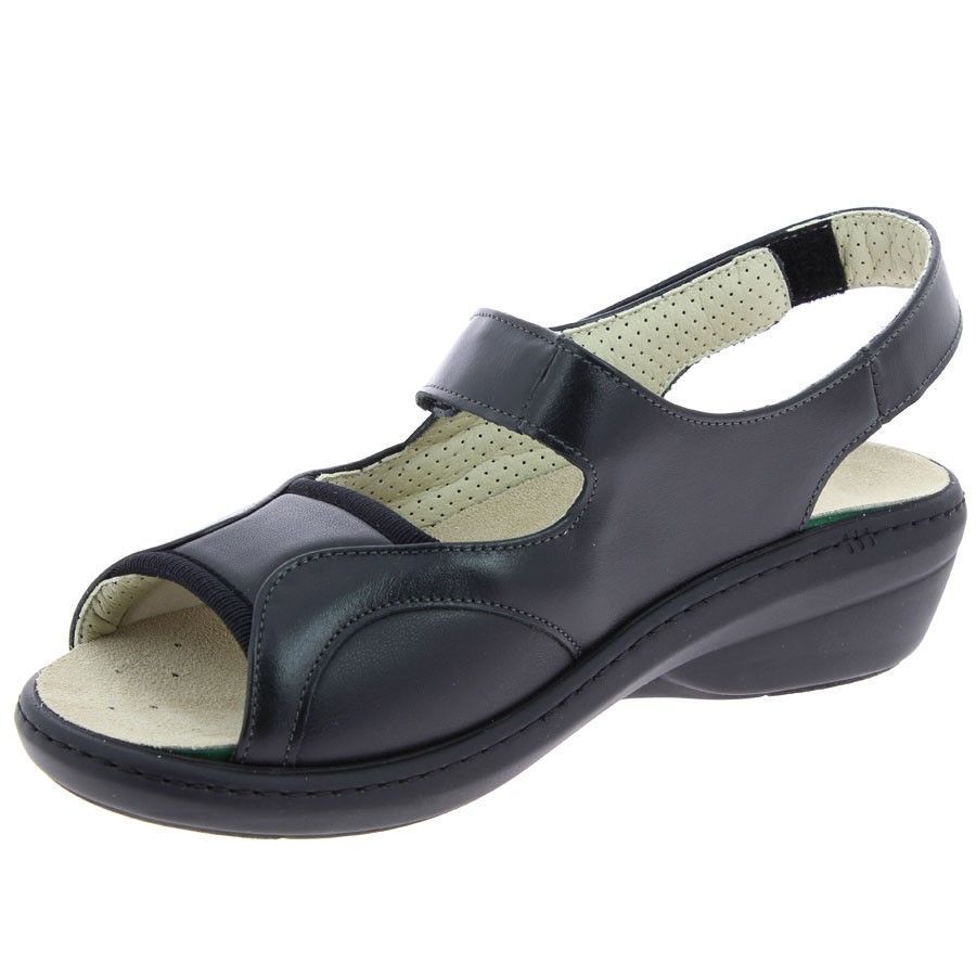 Sandale en cuir noir avec brides réglables et bout ouvert.