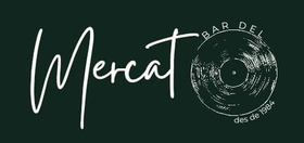 Logotipo para el bar "Mercat", letras blancas con diseño de disco de vinilo. Fondo verde oscuro.