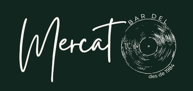 Logotipo para el bar "Mercat", letras blancas con diseño de disco de vinilo. Fondo verde oscuro.