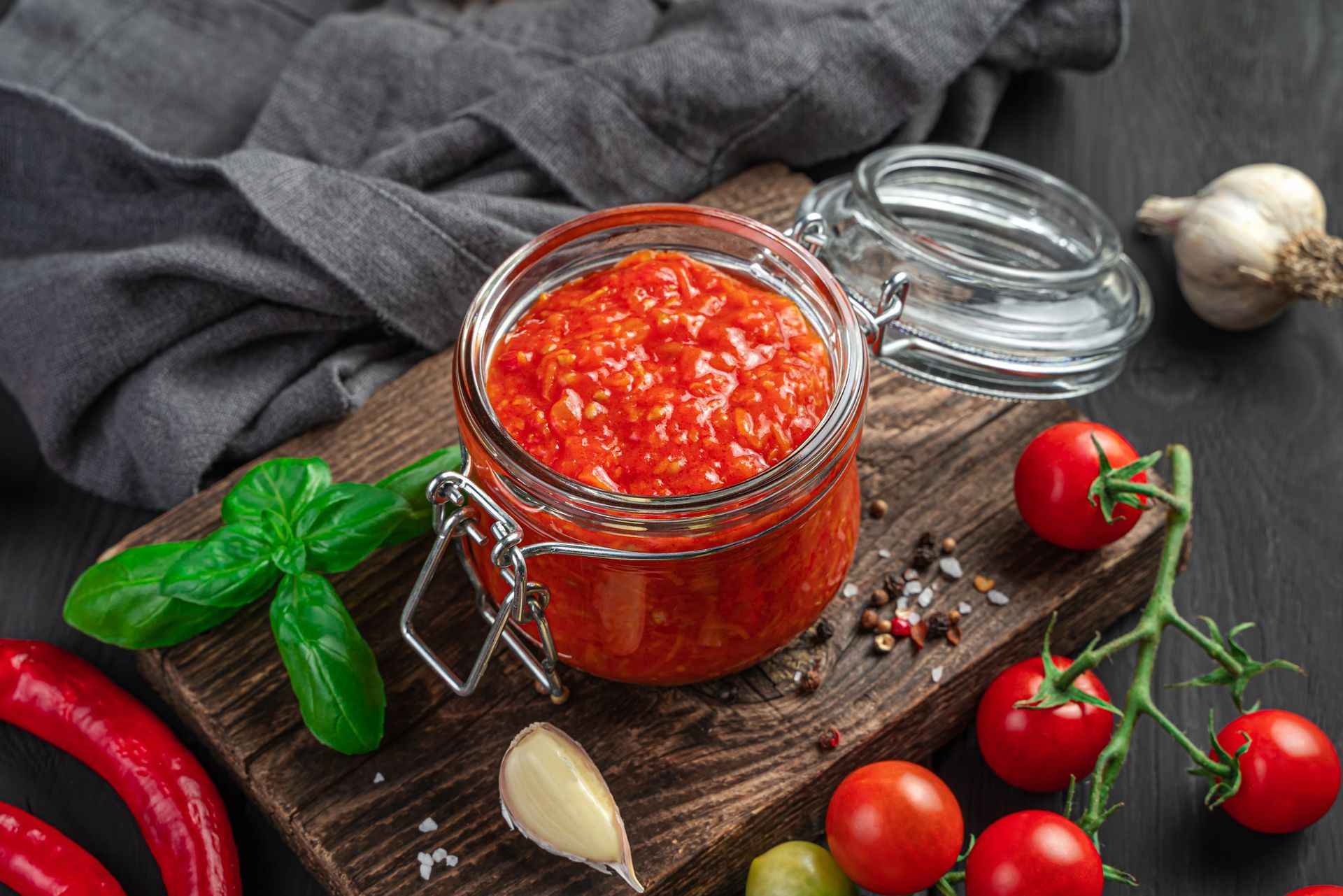 Ein Glas Tomatensoße steht neben Tomaten und Knoblauch auf einem Holzschneidebrett.