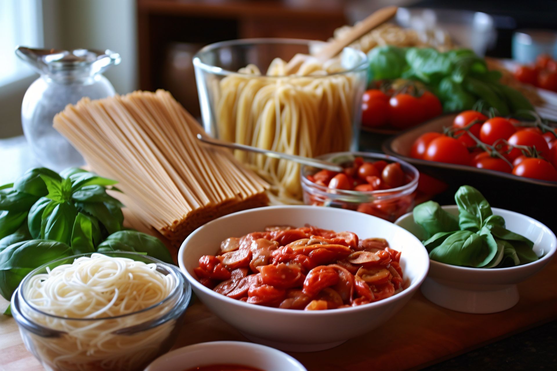 Ein Tisch mit Schüsseln voller Nudeln, Tomaten, Basilikum und anderem Gemüse.