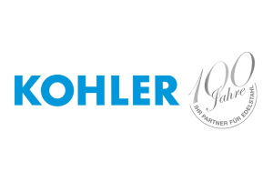 Ein blau-weißes Kohler-Logo auf weißem Hintergrund