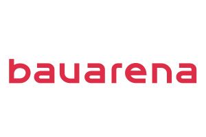 Das Logo der bauarena ist rot und weiß auf weißem Hintergrund.