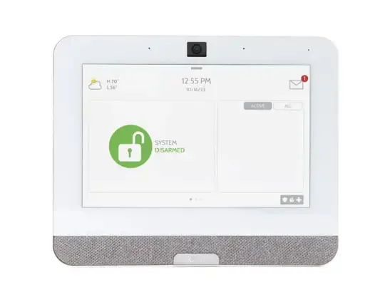 Panel de control de casa inteligente de color blanco con pantalla que muestra 