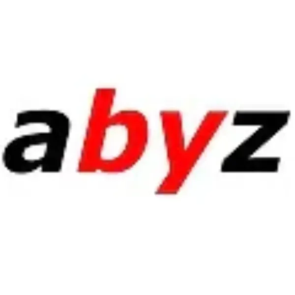 Logotipo de "abyz": "a" y "z" negras con un "by" rojo inclinado.