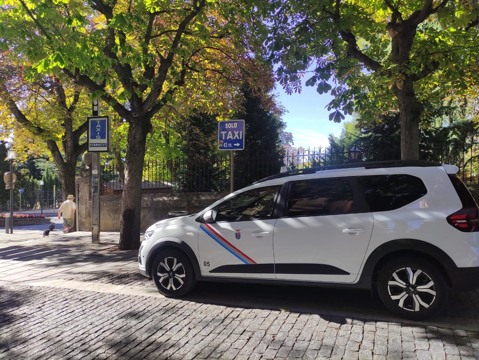 Un coche blanco está aparcado al costado de la carretera al lado de un cartel que dice taxi.