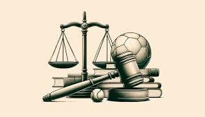 Balanza de la justicia, mazo, pelotas de fútbol y tenis sobre libros, representando el derecho deportivo.