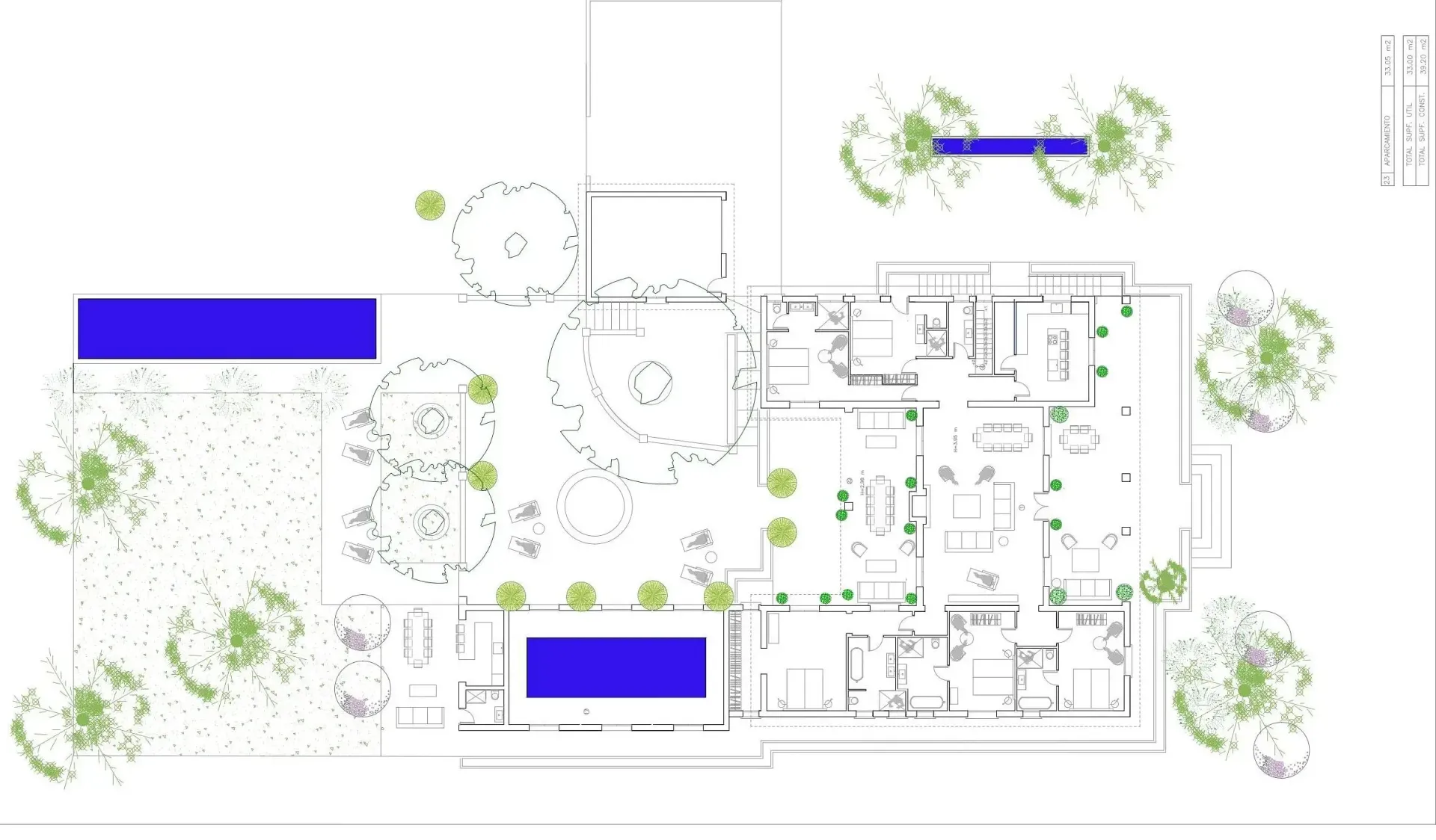Un plano de una casa con una franja azul en el medio.
