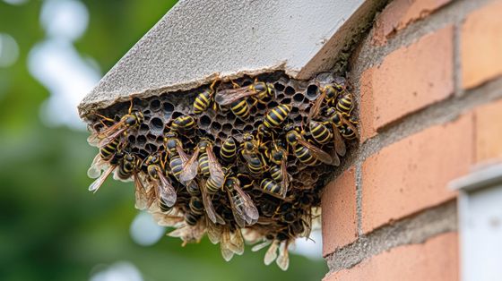 Nid de guêpes accroché entre le dessous la gouttière de la toiture et un mur de maison.