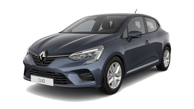 Une Renault Clio à hayon gris foncé, vue de trois quarts avant sur fond blanc uni.