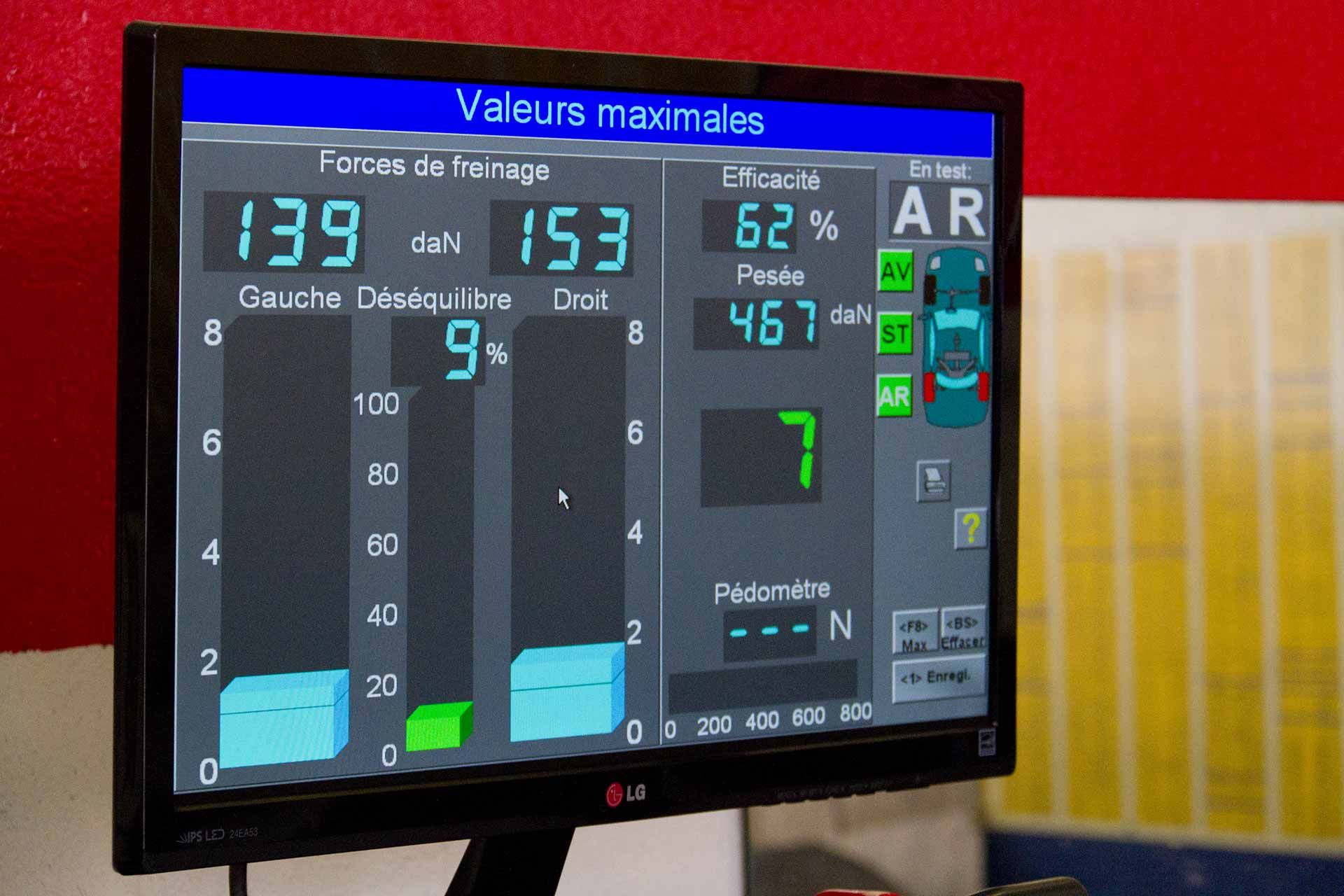 Un moniteur affichant les résultats des tests de freinage du véhicule.