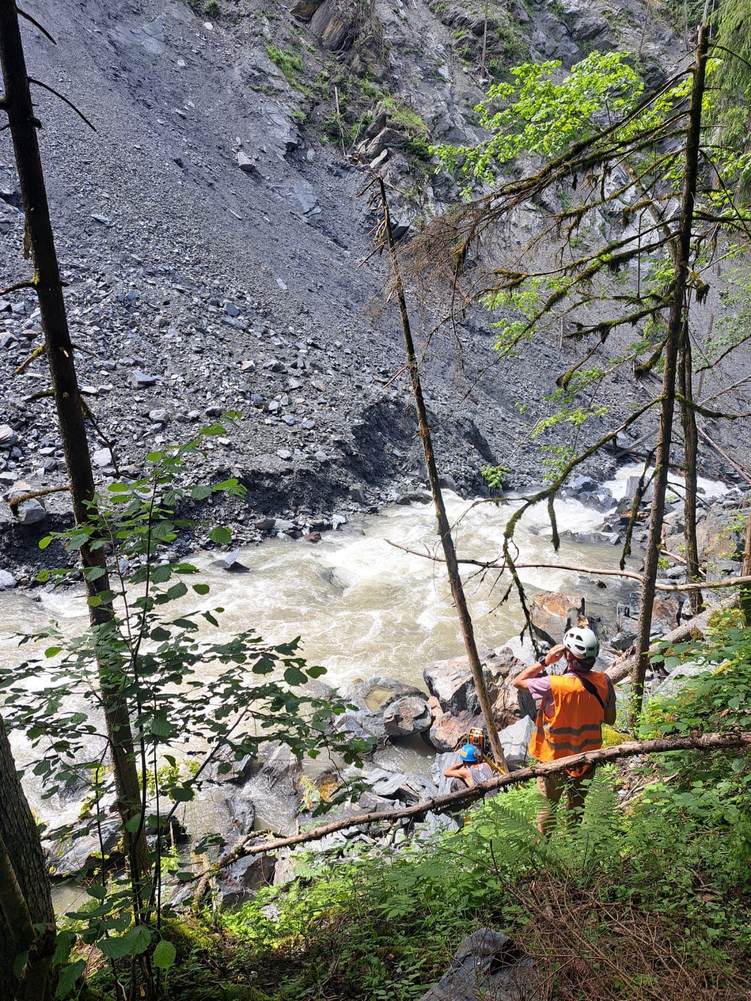 Une personne portant un gilet orange haute visibilité se tient sur un talus boisé surplombant un canyon rocheux et sinueux.