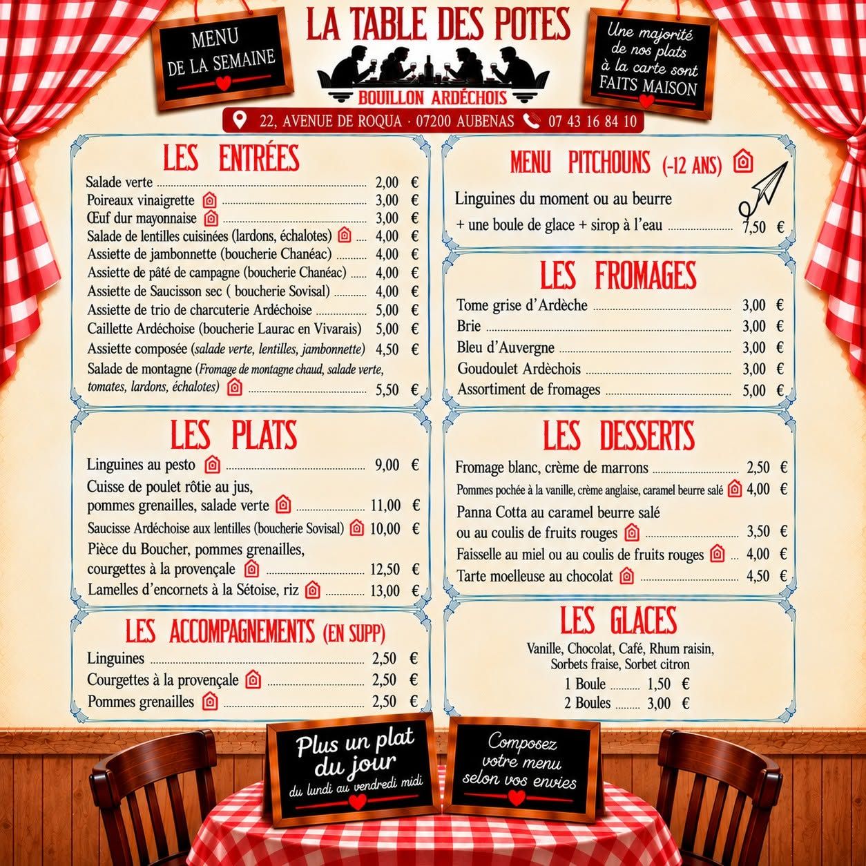 Menu du restaurant, listant les entrées, les plats principaux, les fromages, les desserts et les boissons.