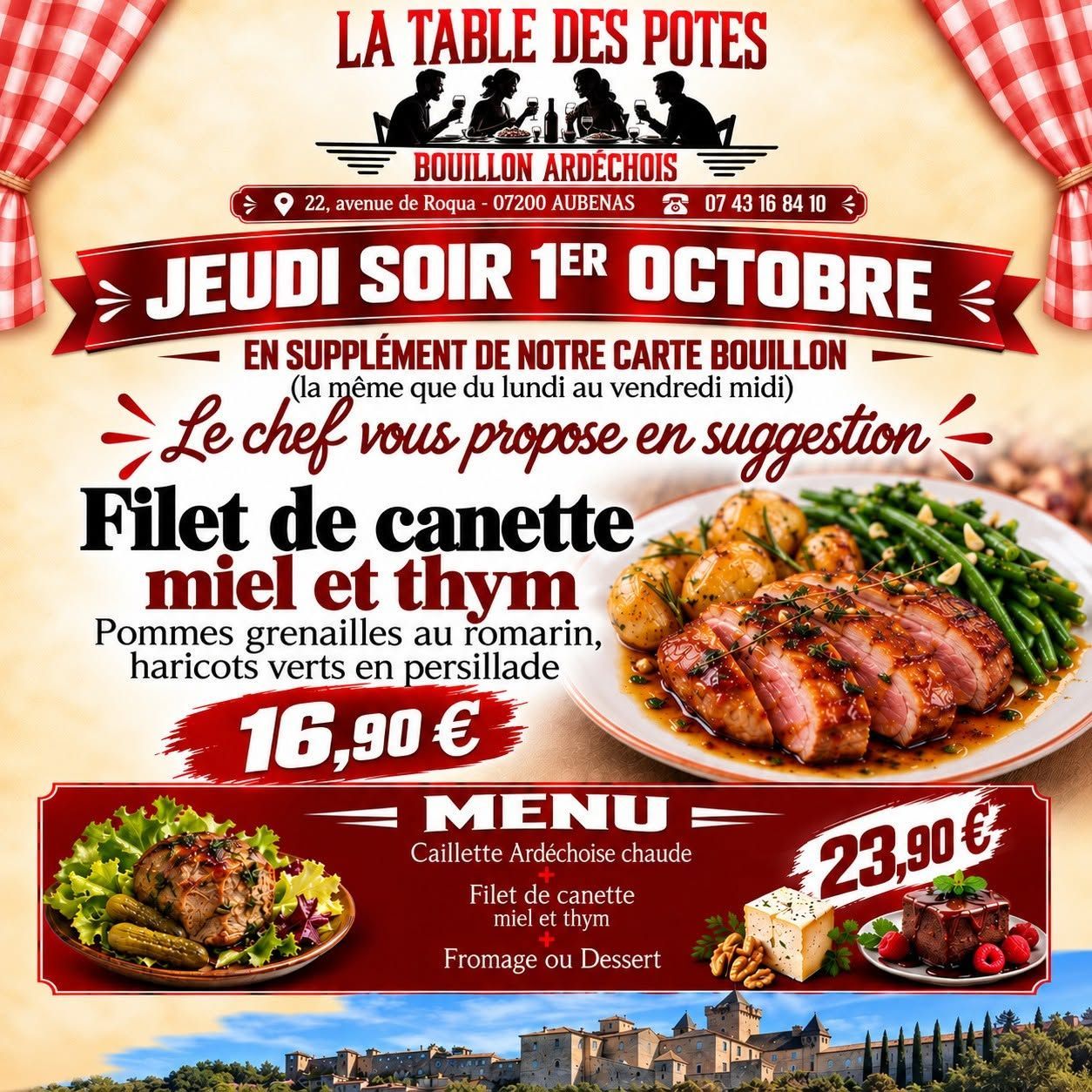 Plat du jour pour le jeudi 1er octobre, filet de canette mijoté aux pommes, 16,90 € et menu, 23,90 €.