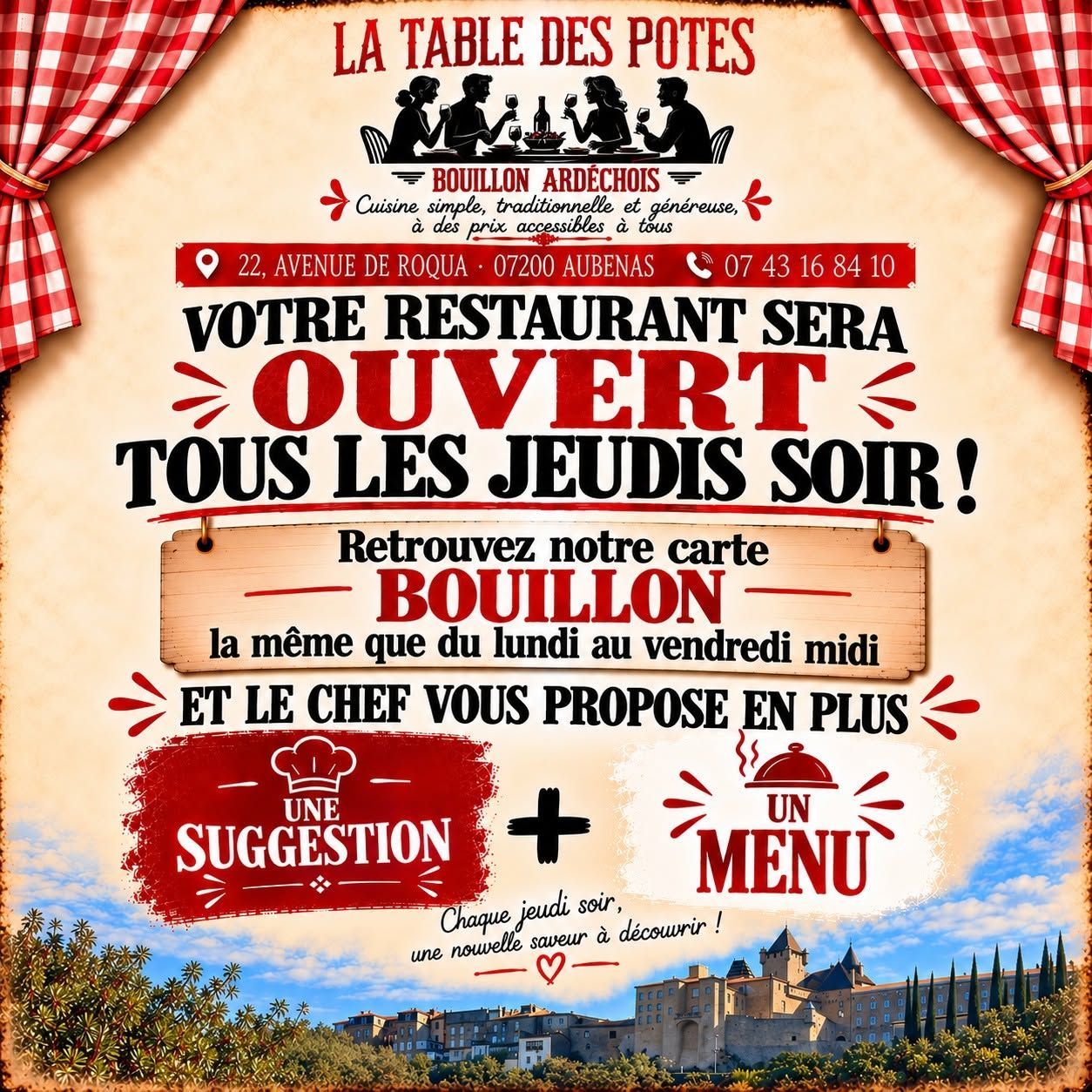 Affiche du restaurant annonçant un dîner ouvert tous les jeudis, avec soupes et plats du jour.