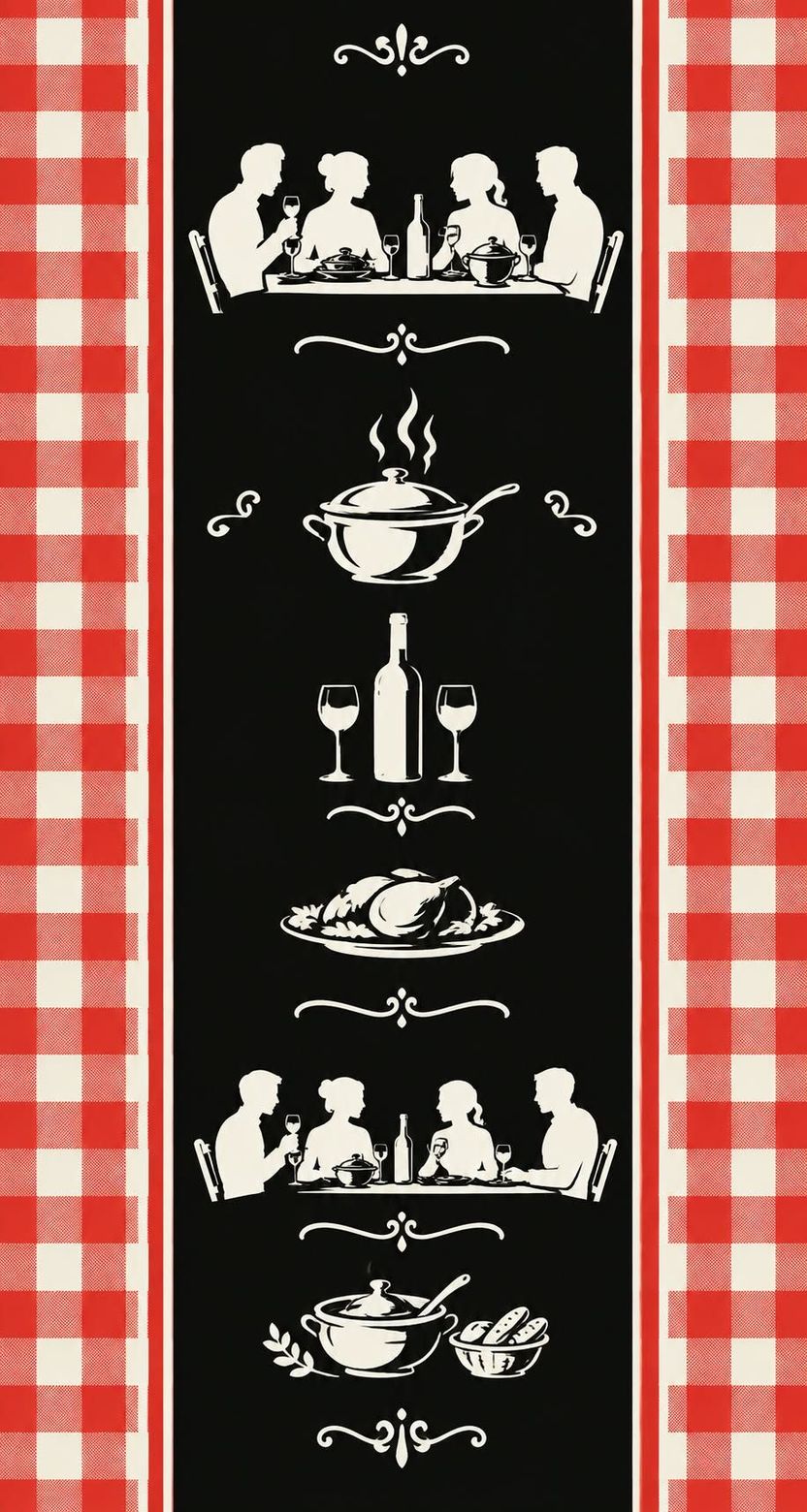 Bordure décorative noire pour le menu, côtés à carreaux rouges et illustrations vintage blanches pour la table.