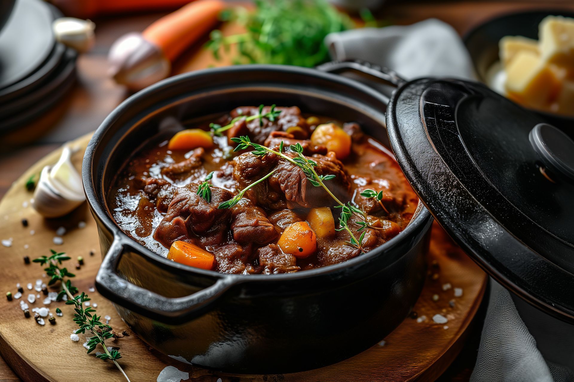 Ragoût de bœuf dans une cocotte noire avec couvercle, garni d'herbes aromatiques sur une table en bois.