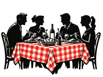 Quatre personnes dînent à une table recouverte d'une nappe à carreaux rouges et blancs, avec une bouteille de vin.
