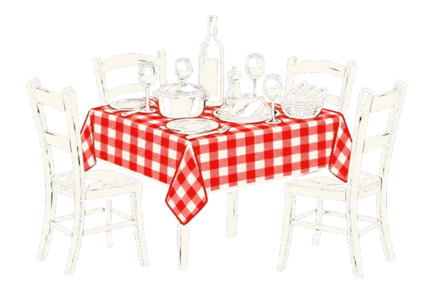 Table à manger avec nappe à carreaux rouges, chaises blanches, théière et vaisselle blanches.