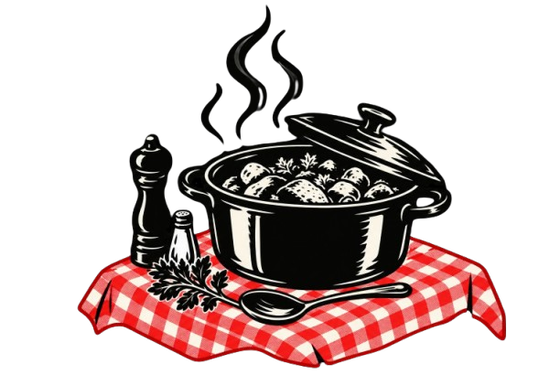 Une marmite de soupe noire fumante posée sur une nappe à carreaux rouges, avec un moulin à poivre et une cuillère.
