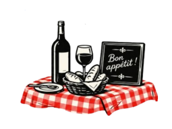 Panier de pain, bouteille de vin et verre sur une nappe à carreaux rouges avec une pancarte bon appétit.