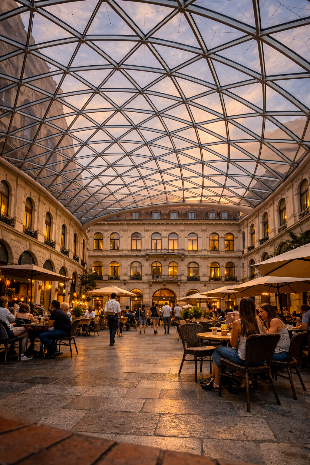 Mirando hacia el techo de un edificio con muchas ventanas