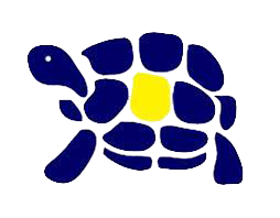 Eine blaue Schildkröte mit gelber Mitte auf weißem Hintergrund.