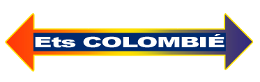 Fl&egrave;ches orange et bleues pointant vers la gauche et la droite avec Ets COLOMBI&Eacute; dans une barre bleue et jaune au centre.