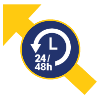 Flèche jaune pointant vers le haut et la droite ; un cercle bleu avec une icône d'horloge, L et l'indication 24/48h.
