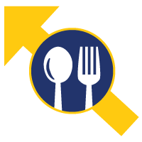 Cuillère et fourchette à l'intérieur d'un cercle bleu, surmontées d'une flèche jaune pointant vers le haut.