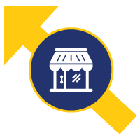 Icône de boutique à l'intérieur d'un cercle bleu avec une flèche jaune pointant vers le haut, représentant la croissance de l'entreprise.