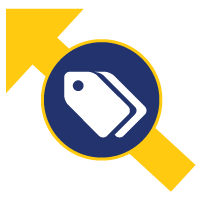 Cercle bleu avec étiquettes de prix blanches, flèche jaune pointant vers le haut.