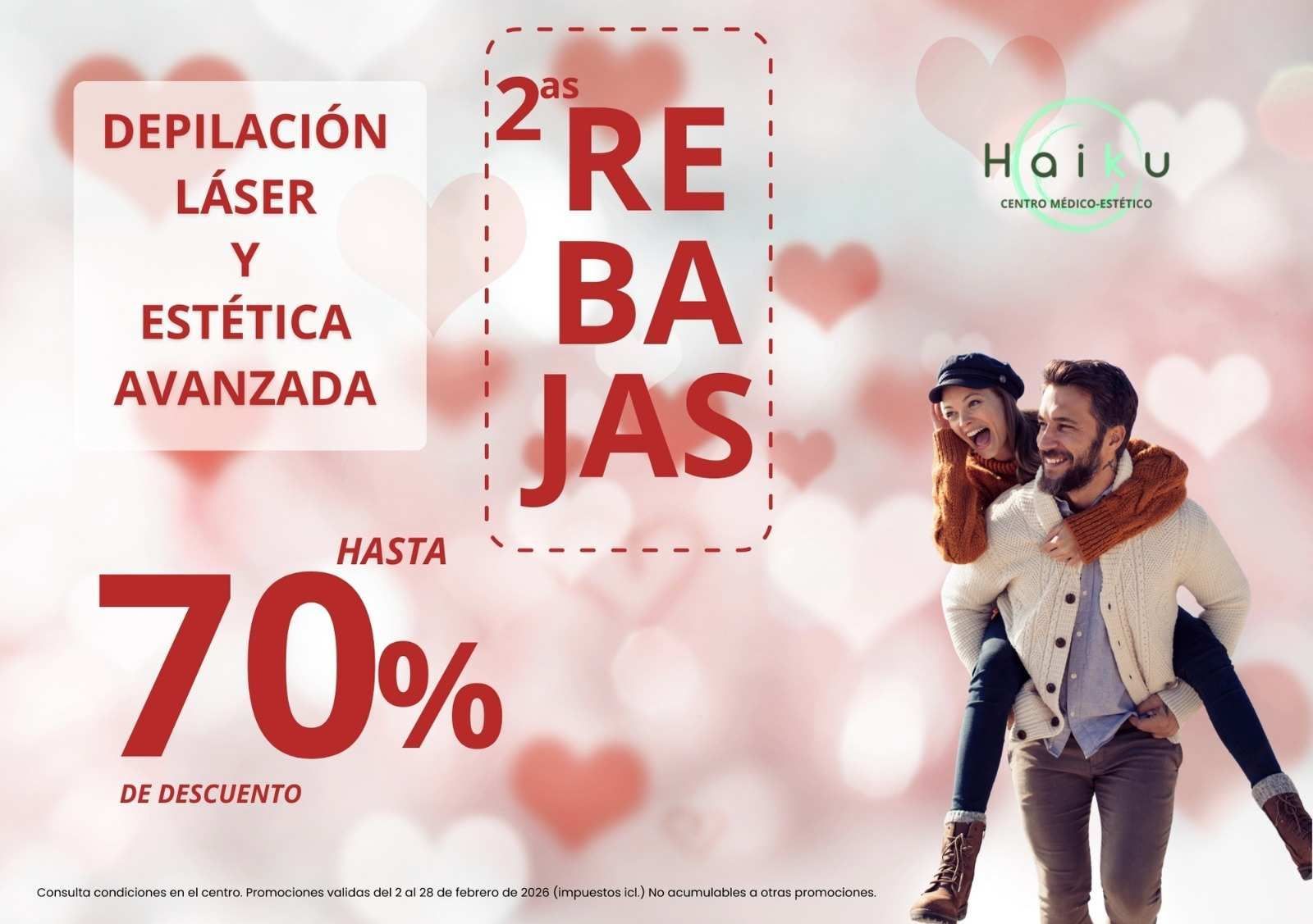 Promoción de depilación láser y estética avanzada, con hasta un 70% de descuento. Pareja a cuestas.
