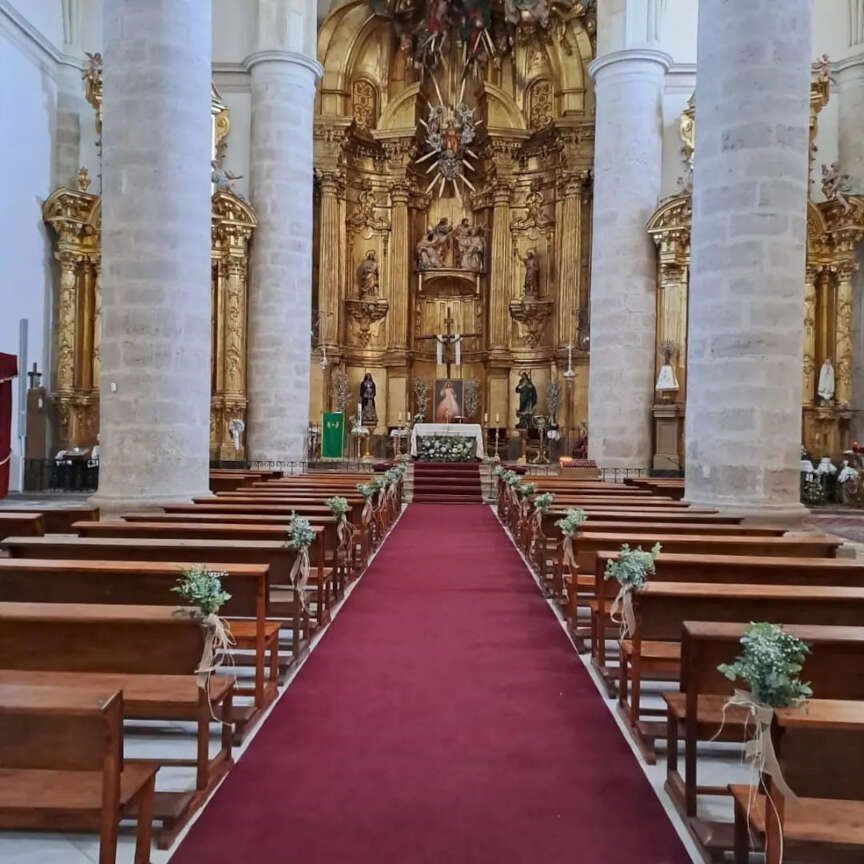 Una iglesia con filas de bancos de madera y una alfombra roja.