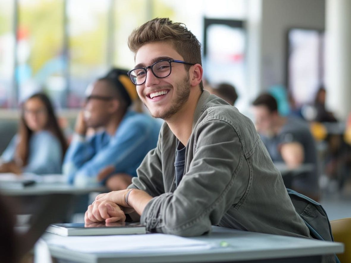 Ein junger Mann lächelt, während er an einem Schreibtisch in einem Klassenzimmer sitzt.
