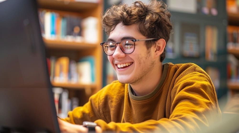 Ein junger Mann mit Brille sitzt vor einem Computer in einer Bibliothek.
