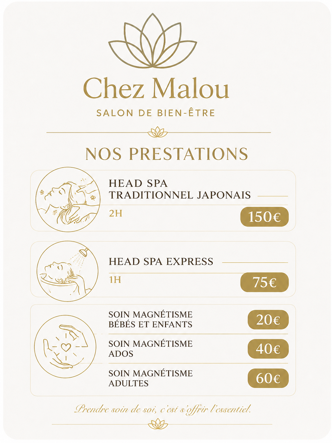 Chez Malou, menu de spa et de bien-être en lettres, présentant les soins japonais du cuir chevelu et leurs tarifs.