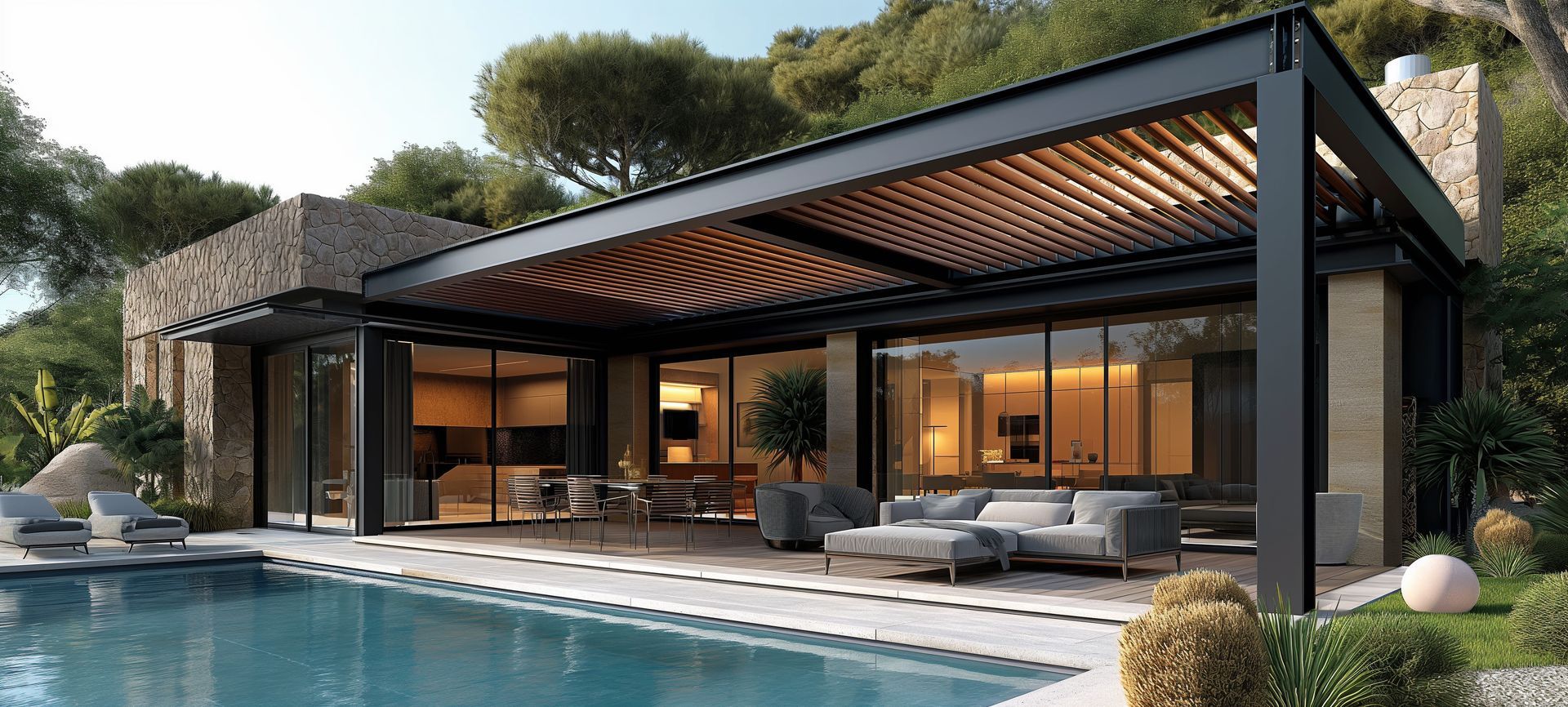 Pergola bioclimatique sur une terrasse avec une piscine