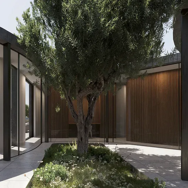 Impresión artística de una casa con un árbol en el medio.