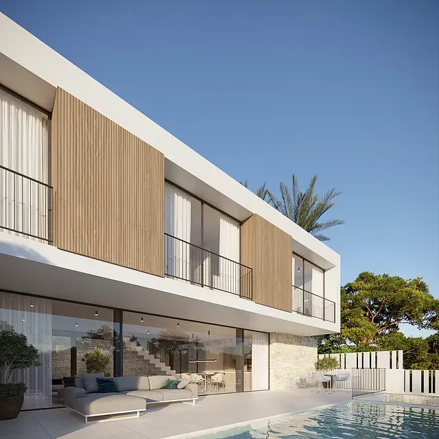 Impresión artística de una casa moderna con piscina.