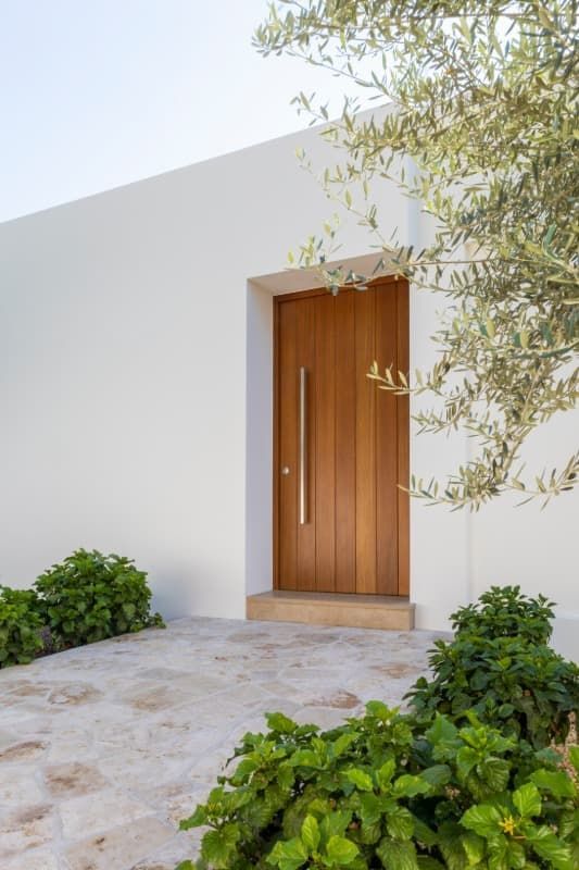 Un edificio blanco con una puerta de madera y un árbol delante.