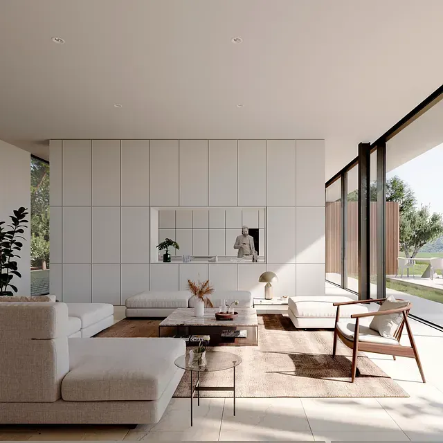 Una sala de estar con muchos muebles y una gran ventana.