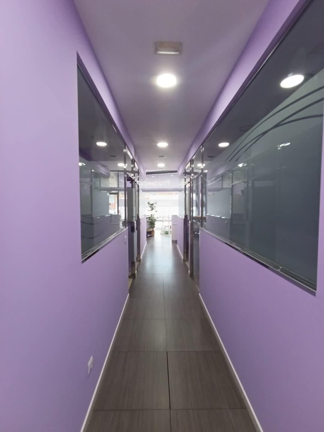 Pasillo estrecho con paredes moradas, suelo gris, puertas de cristal e iluminación empotrada.