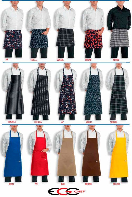 Una fila de hombres con delantales de diferentes colores.