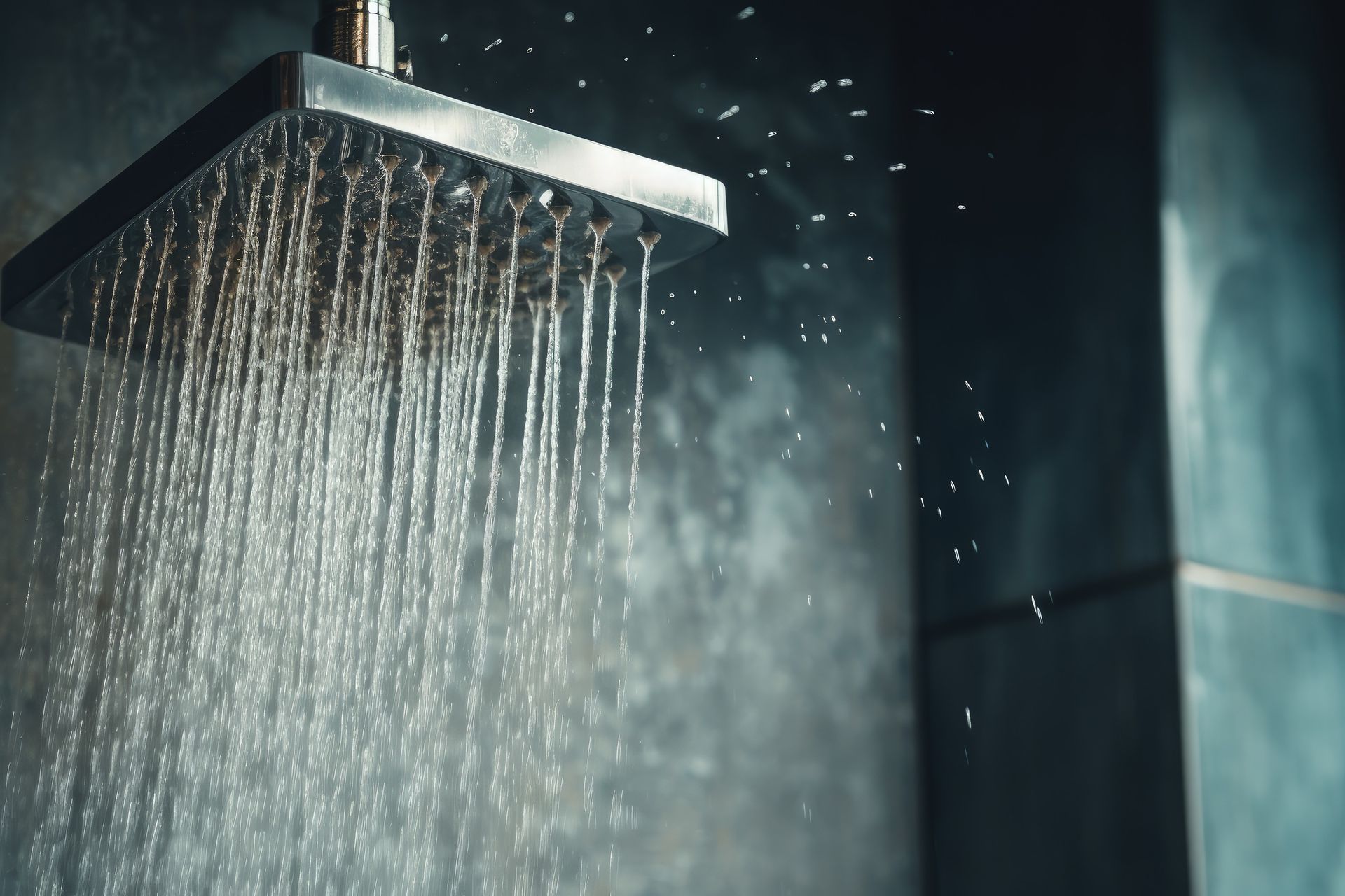 Cabezal de ducha que rocía agua en una ducha con azulejos grises.