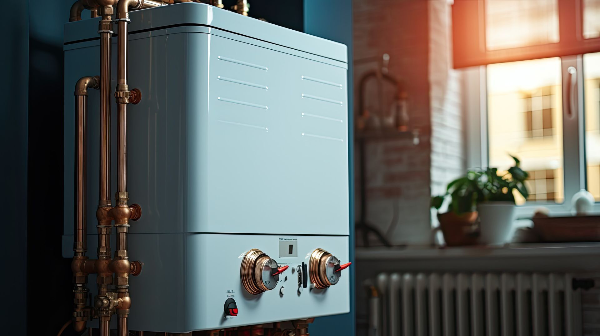 Calentador de agua de color azul claro con tubos de cobre, perillas, en una habitación con ventana y radiador.