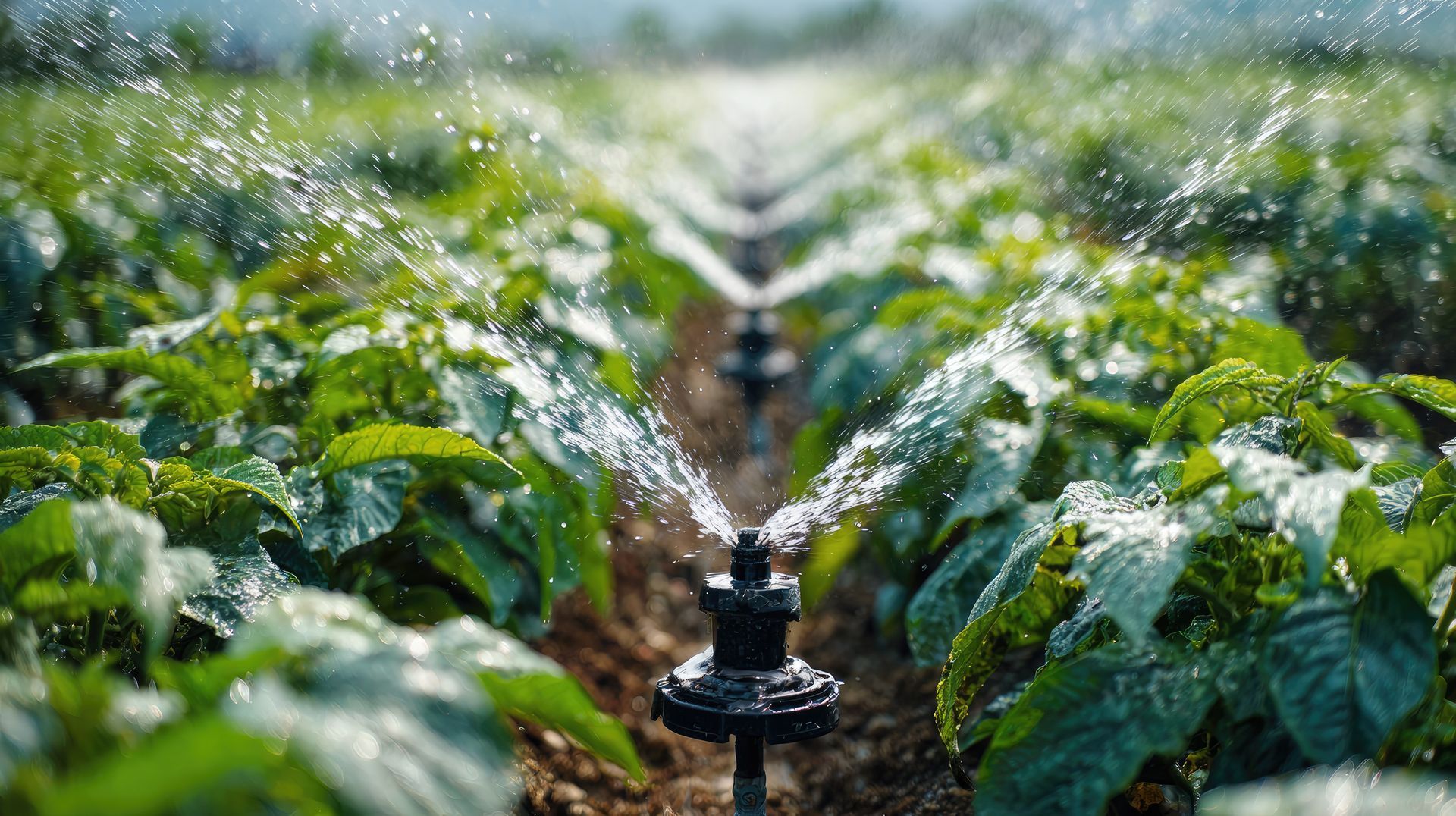 Aspersores de riego riegan un exuberante campo verde de plantas.